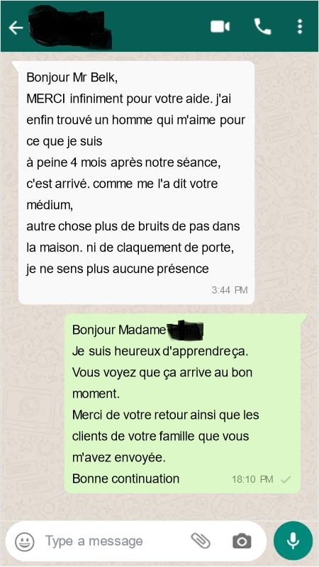 Témoignage client désenvoûtement WhatsApp